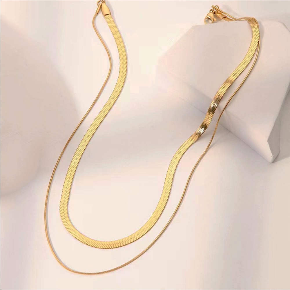 18K Gold Filled Double Layer Herringbone Necklace, Double Layer Choker Necklace